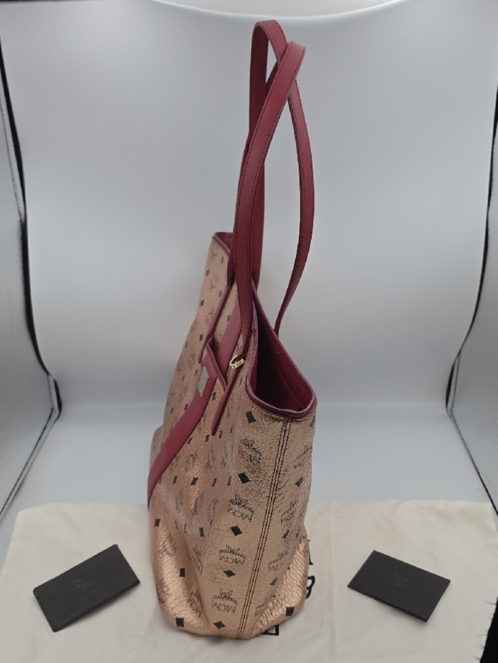 MCM Rose Gold Metallic Vietos Burgundy Stripe Gold Hardware Large Tote (EUC)✨️ - Picture 8 of 15